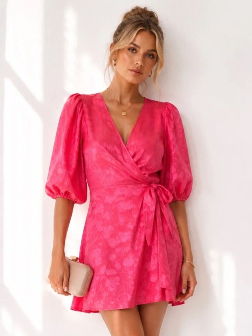 New Ronny Kobo satin jacquard mini wrap dress -  pink Size M